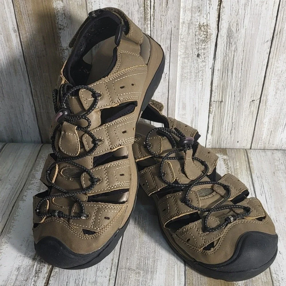 Magellan Outdoors Mens Fisherman Sandals Closed Toe Water Shoes Beige Black 9D